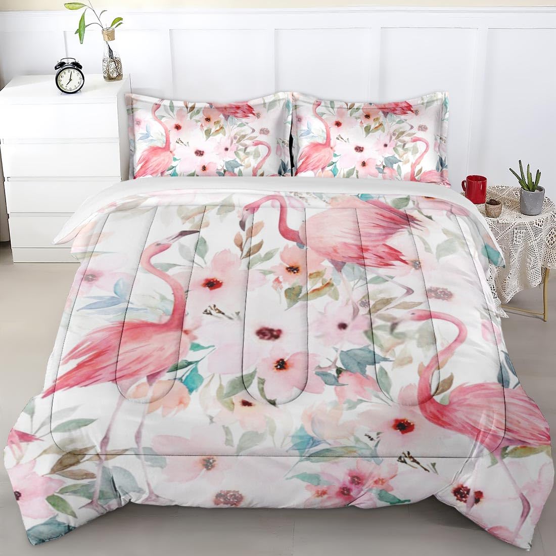 Amazon.com: Pinbeam Comforter Set King Size, Floral Flamingo